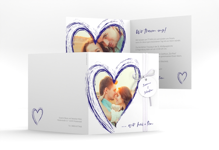 Hochzeitseinladung Liebe quadr. Klappkarte blau hochglanz