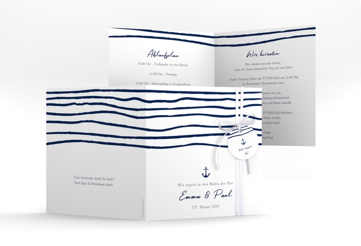 Hochzeitseinladung Liebesanker quadr. Klappkarte mit maritimem Streifenmuster und kleinem Anker