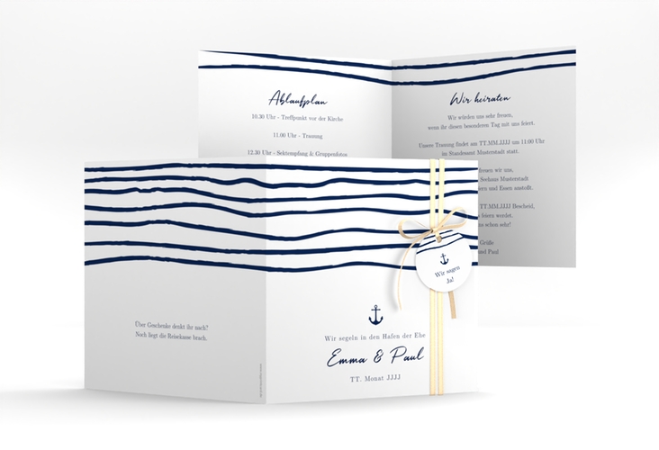 Hochzeitseinladung Liebesanker quadr. Klappkarte blau mit maritimem Streifenmuster und kleinem Anker