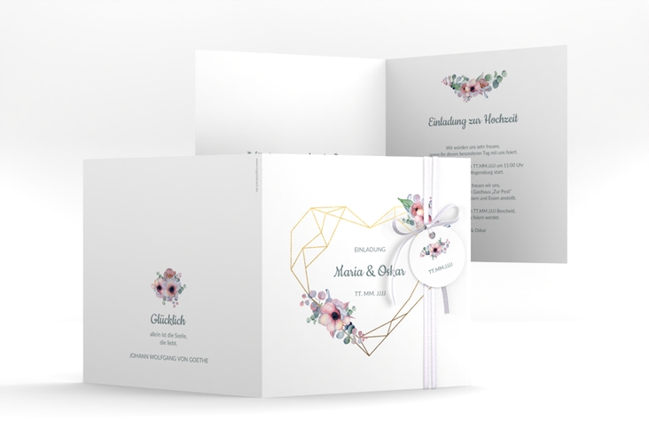 Hochzeitseinladung Herzgold quadr. Klappkarte hochglanz