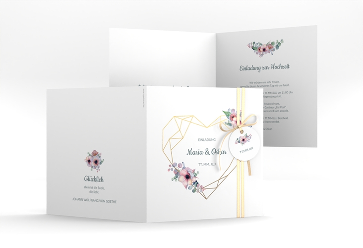 Hochzeitseinladung Herzgold quadr. Klappkarte hochglanz