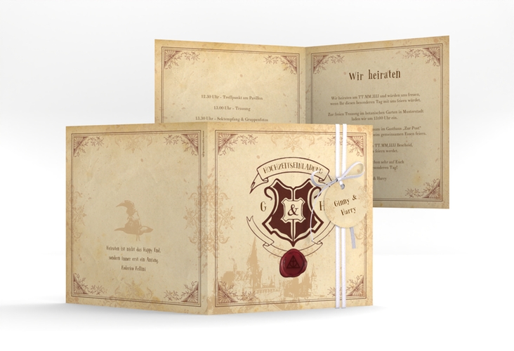 Hochzeitseinladung Zauberkunst quadr. Klappkarte beige hochglanz mit Fantasy-Wappen, Siegel und Zauberschule