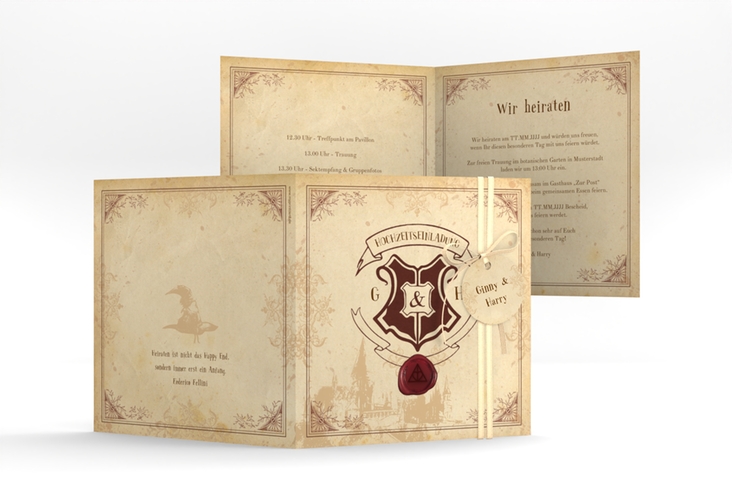 Hochzeitseinladung Zauberkunst quadr. Klappkarte beige hochglanz mit Fantasy-Wappen, Siegel und Zauberschule