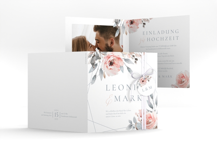 Hochzeitseinladung Perfection quadr. Klappkarte weiss hochglanz mit rosa Rosen