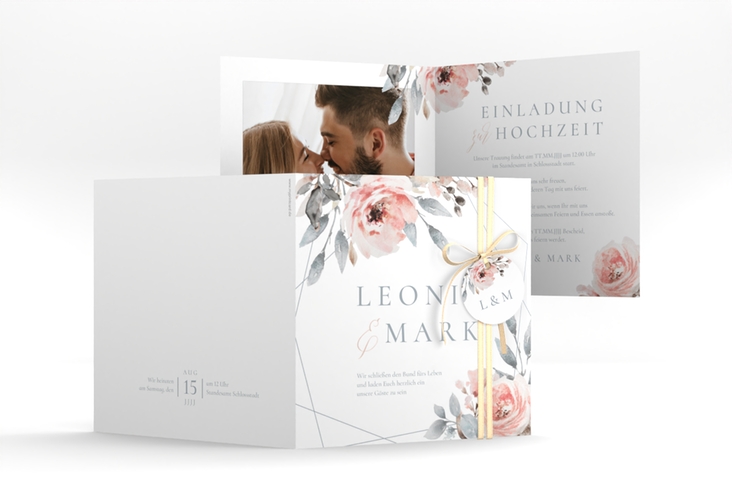 Hochzeitseinladung Perfection quadr. Klappkarte weiss hochglanz mit rosa Rosen