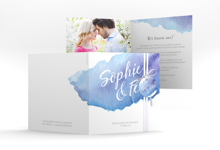 Hochzeitseinladung Aquarella quadr. Klappkarte blau