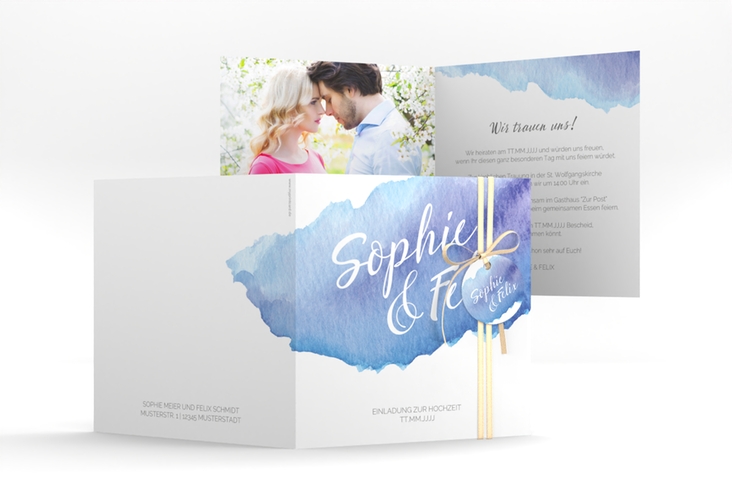 Hochzeitseinladung Aquarella quadr. Klappkarte blau