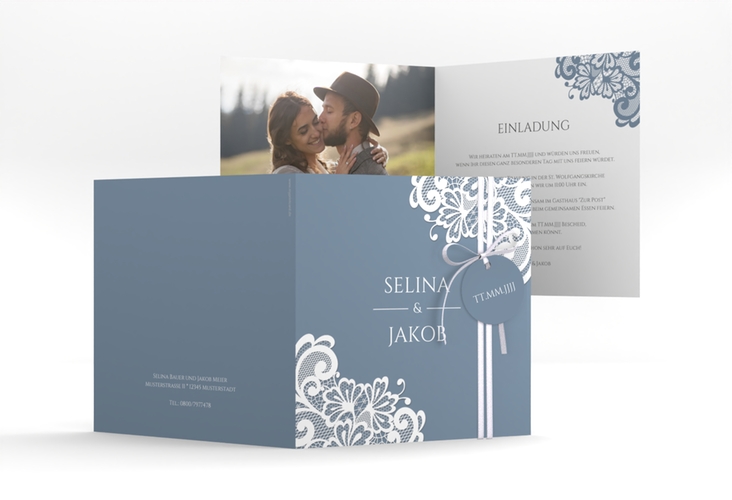 Hochzeitseinladung Vintage quadr. Klappkarte blau mit floraler Spitze