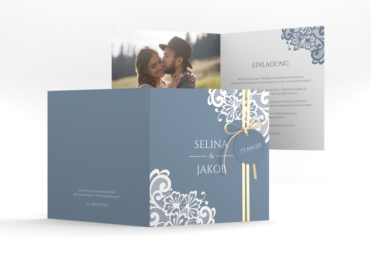 Hochzeitseinladung Vintage quadr. Klappkarte blau mit floraler Spitze