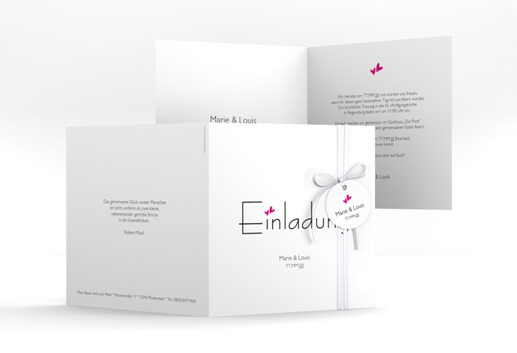 Hochzeitseinladung Twohearts quadr. Klappkarte pink hochglanz