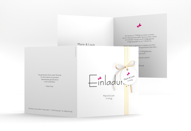 Hochzeitseinladung Twohearts quadr. Klappkarte pink hochglanz