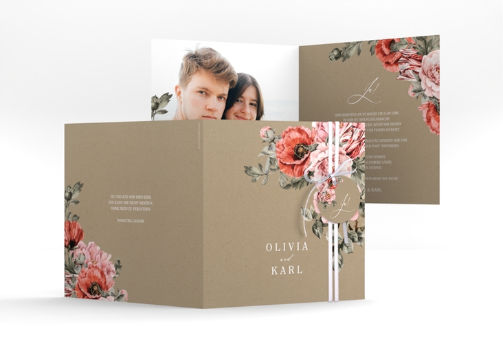 Hochzeitseinladung Grazioso quadr. Klappkarte Kraftpapier modern mit Mohnblumen und Rosen