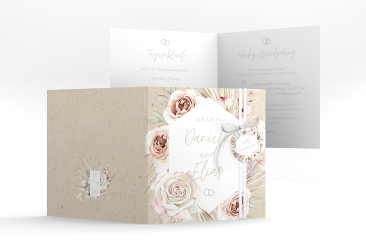 Hochzeitseinladung Bohorose quadr. Klappkarte Kraftpapier
