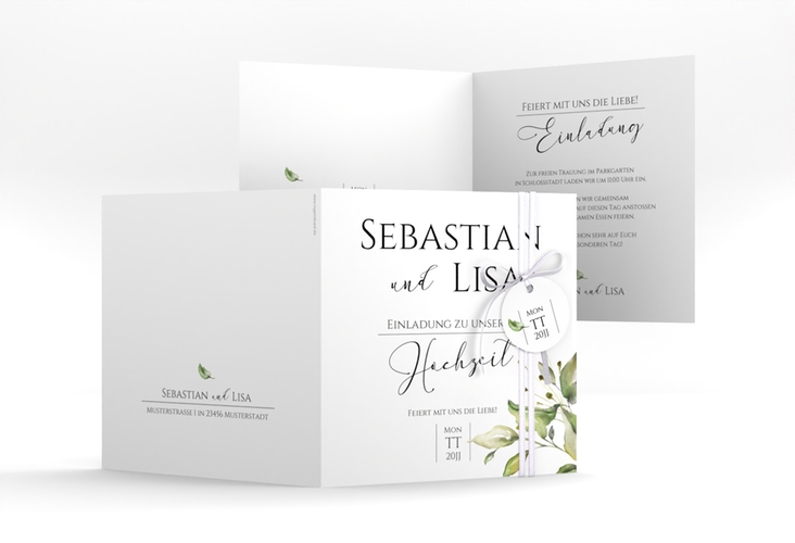 Hochzeitseinladung Leaves quadr. Klappkarte weiss hochglanz