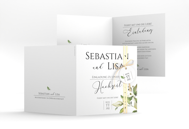Hochzeitseinladung Leaves quadr. Klappkarte weiss hochglanz