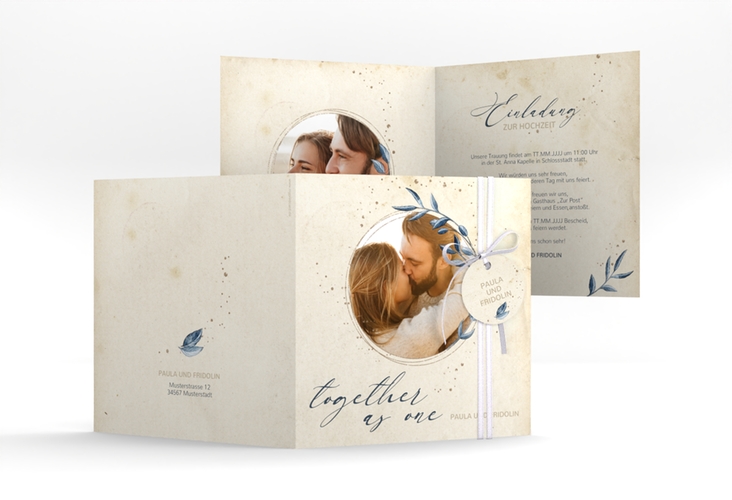 Hochzeitseinladung YinYang quadr. Klappkarte beige im Vintage-Look