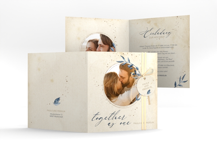 Hochzeitseinladung YinYang quadr. Klappkarte beige im Vintage-Look