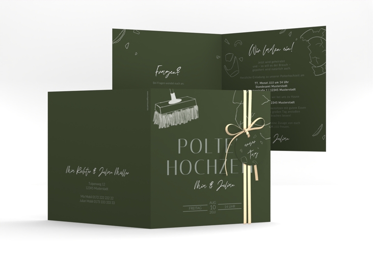 Hochzeitseinladung Polterhochzeit quadr. Klappkarte mit Besen und kaputtem Porzellanteller