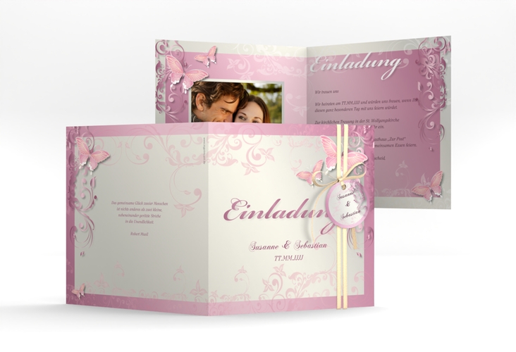 Hochzeitseinladung Toulouse quadr. Klappkarte rosa romantisch mit Schmetterlingen
