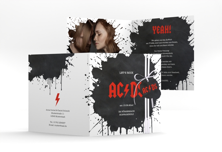 Hochzeitseinladung Hardrock quadr. Klappkarte schwarz für Rockband-Fans