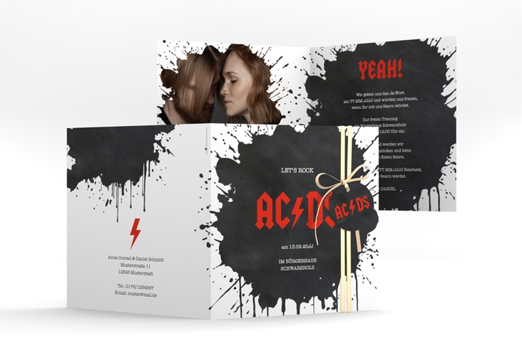 Hochzeitseinladung Hardrock quadr. Klappkarte schwarz für Rockband-Fans