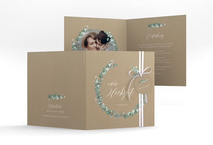 Hochzeitseinladung Silverleaf quadr. Klappkarte Kraftpapier hochglanz mit Eukalyptus-Zweig