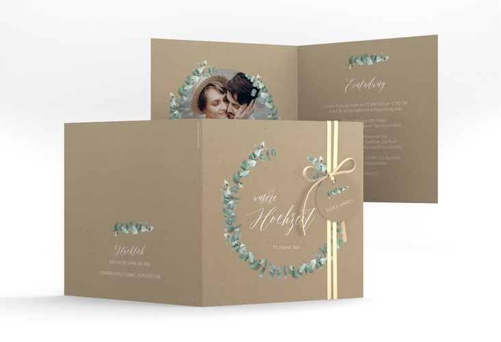 Hochzeitseinladung Silverleaf quadr. Klappkarte Kraftpapier hochglanz mit Eukalyptus-Zweig