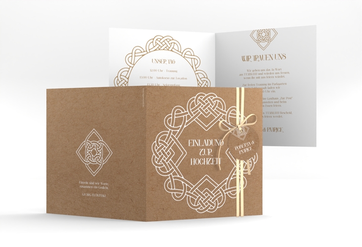 Hochzeitseinladung Herzknoten quadr. Klappkarte Kraftpapier mit Goldrahmen und roten Herzen