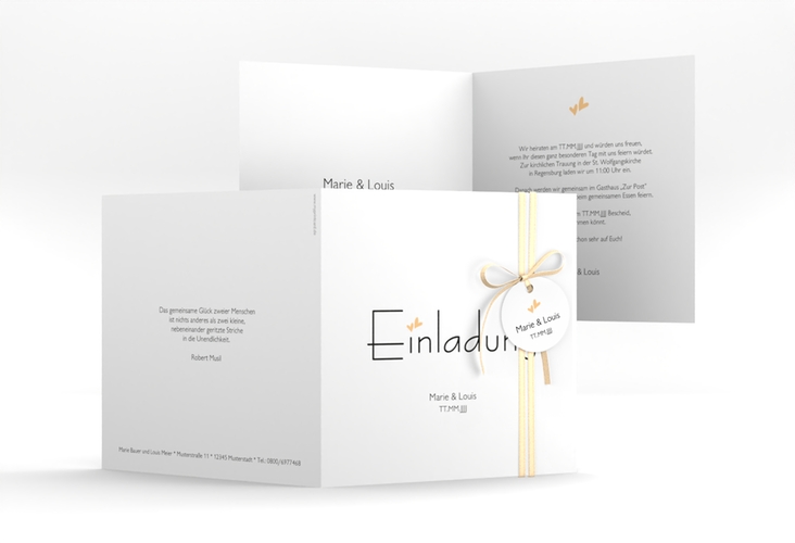 Hochzeitseinladung Twohearts quadr. Klappkarte beige hochglanz