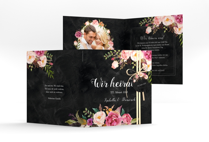 Hochzeitseinladung Flowers quadr. Klappkarte schwarz hochglanz mit bunten Aquarell-Blumen