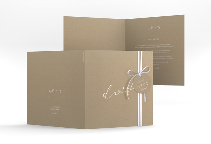 Hochzeitseinladung Zweisamkeit quadr. Klappkarte Kraftpapier hochglanz im minimalistischen Stil mit Aufschrift du & ich