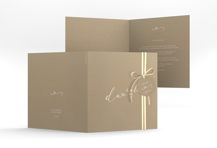 Hochzeitseinladung Zweisamkeit quadr. Klappkarte Kraftpapier hochglanz im minimalistischen Stil mit Aufschrift du & ich