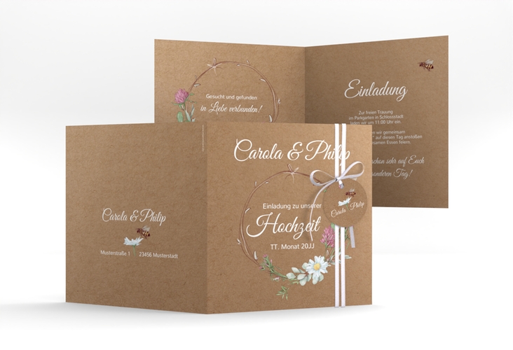 Hochzeitseinladung Honey quadr. Klappkarte Kraftpapier mit Wiesenblumen und Biene