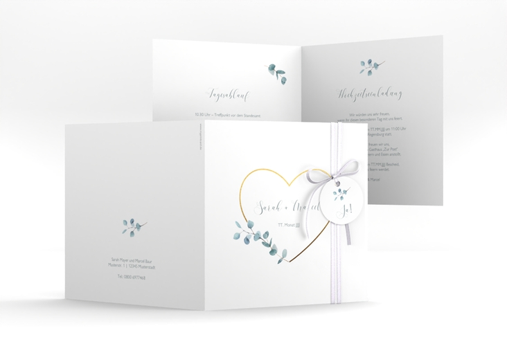 Hochzeitseinladung Greenheart quadr. Klappkarte hochglanz mit elegantem Herz und Eukalyptus-Zweig