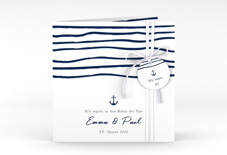 Hochzeitseinladung Liebesanker quadr. Klappkarte blau mit maritimem Streifenmuster und kleinem Anker