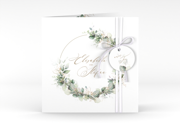 Hochzeitseinladung Selvatica quadr. Klappkarte weiss mit Eukalyptus-Kranz