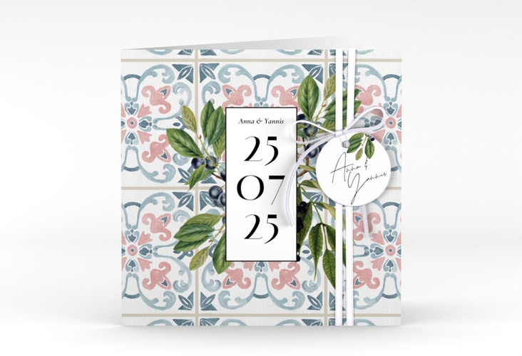 Hochzeitseinladung Mediterraner Flair quadr. Klappkarte bunt mit Auzlejo-Fliesenmuster und Lorbeer