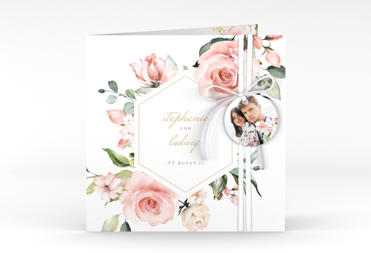 Hochzeitseinladung Graceful quadr. Klappkarte weiss mit Rosenblüten in Rosa und Weiß