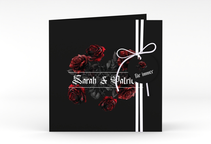 Hochzeitseinladung Gothic Rose quadr. Klappkarte schwarz hochglanz