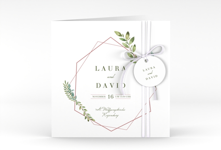 Hochzeitseinladung Herbarium quadr. Klappkarte rosa hochglanz mit geometrischem Rahmen und Blätter-Dekor
