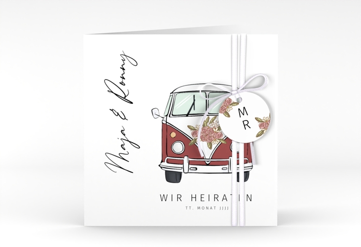Hochzeitseinladung Hochzeitsbulli quadr. Klappkarte rot hochglanz