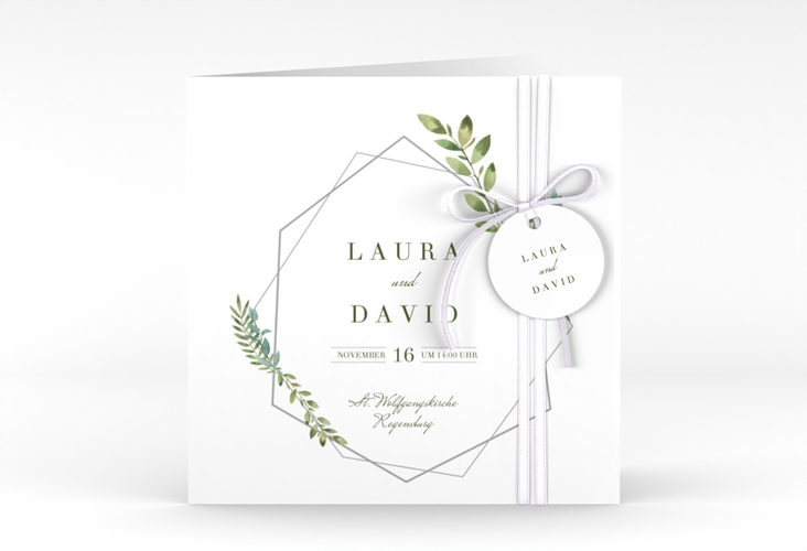Hochzeitseinladung Herbarium quadr. Klappkarte grau hochglanz mit geometrischem Rahmen und Blätter-Dekor