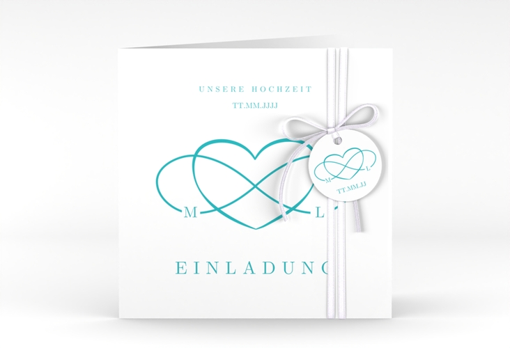 Hochzeitseinladung Infinity quadr. Klappkarte tuerkis hochglanz