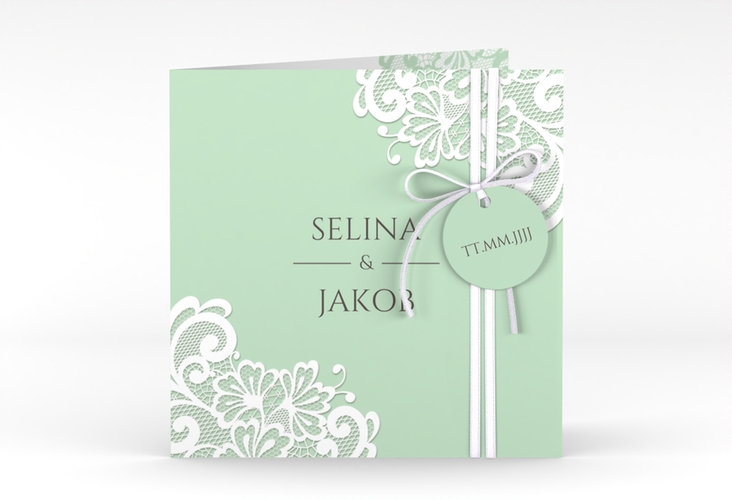 Hochzeitseinladung Vintage quadr. Klappkarte mint mit floraler Spitze