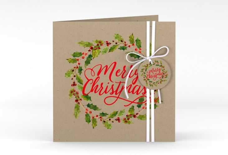 Weihnachtskarte Weihnachtskranz quadr. Klappkarte Kraftpapier hochglanz mit Kranz aus Stechpalme