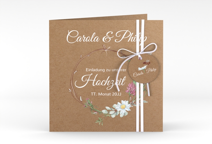 Hochzeitseinladung Honey quadr. Klappkarte Kraftpapier mit Wiesenblumen und Biene