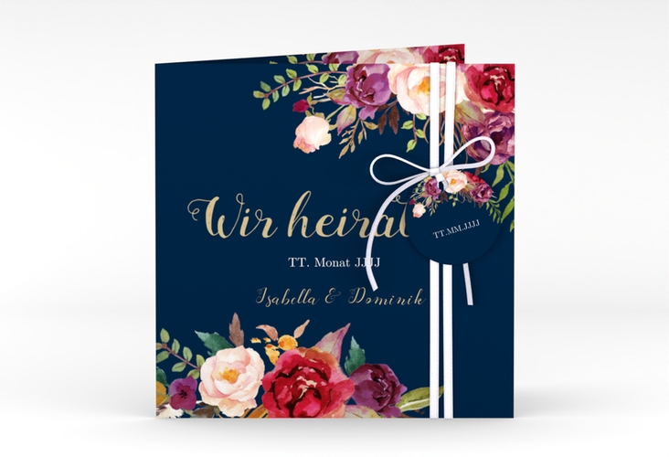 Hochzeitseinladung Flowers quadr. Klappkarte blau hochglanz mit bunten Aquarell-Blumen