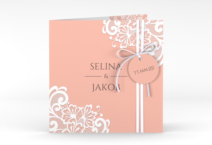Hochzeitseinladung Vintage quadr. Klappkarte apricot mit floraler Spitze