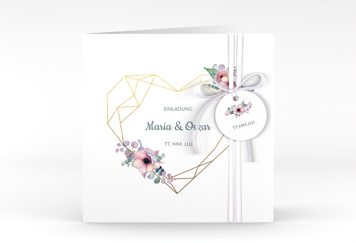 Hochzeitseinladung Herzgold quadr. Klappkarte hochglanz