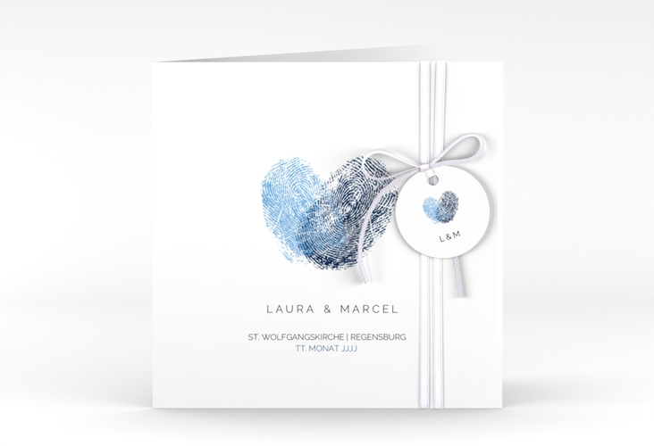 Hochzeitseinladung Fingerprint quadr. Klappkarte blau hochglanz schlicht mit Fingerabdruck-Motiv
